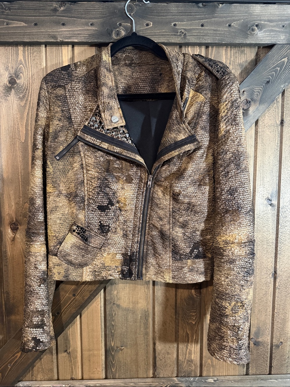 Joseph Ribkoff Textured Cropped Moto Jacket in Brown and Gold Tones